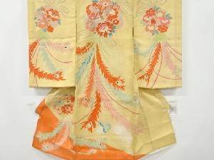 アンティーク　絽　鶴に花薬玉模様刺繍一つ紋着物(内袖・長襦袢付き)